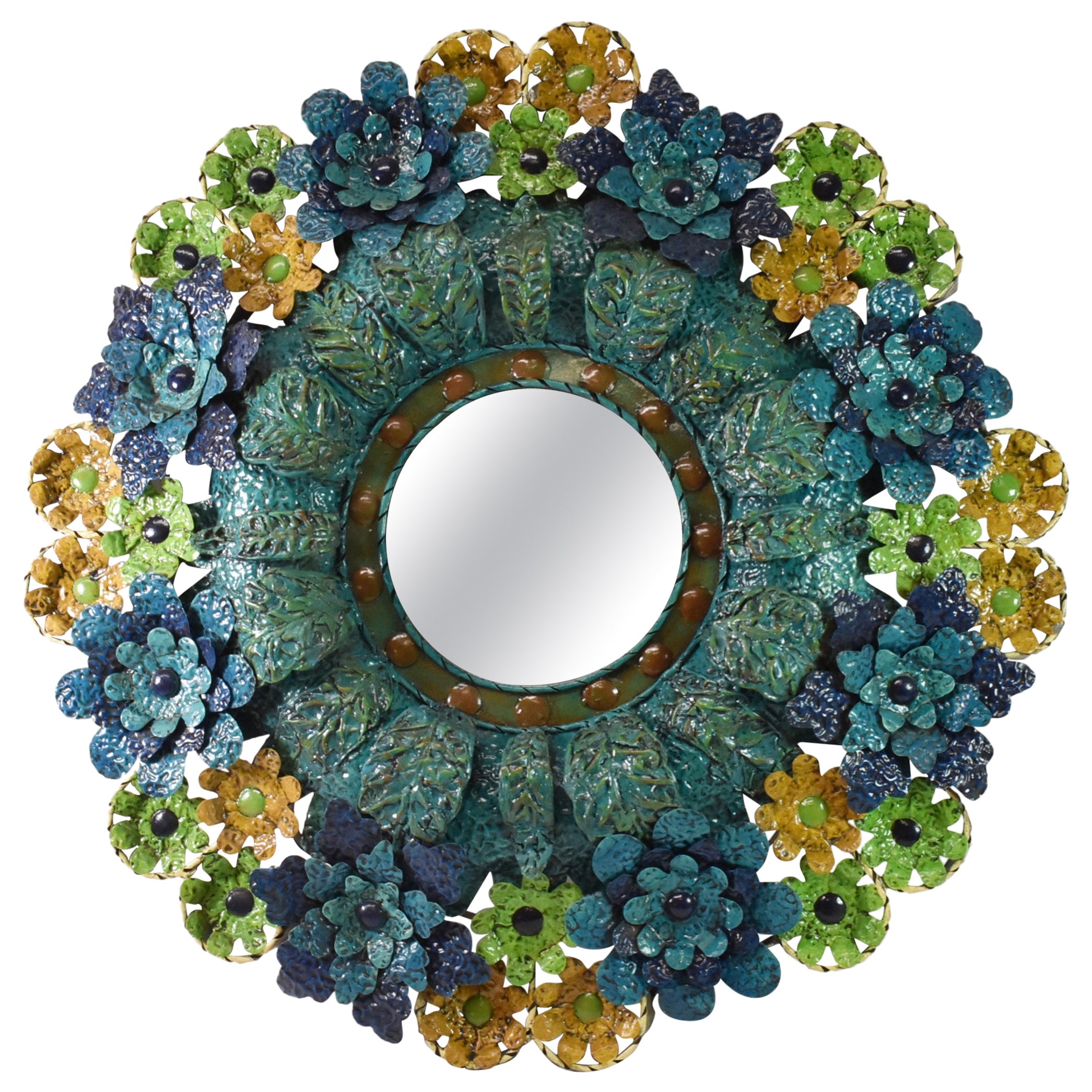 Artes De Mexico Tole Floral Wall Mirror by Saldana Signed For Sale