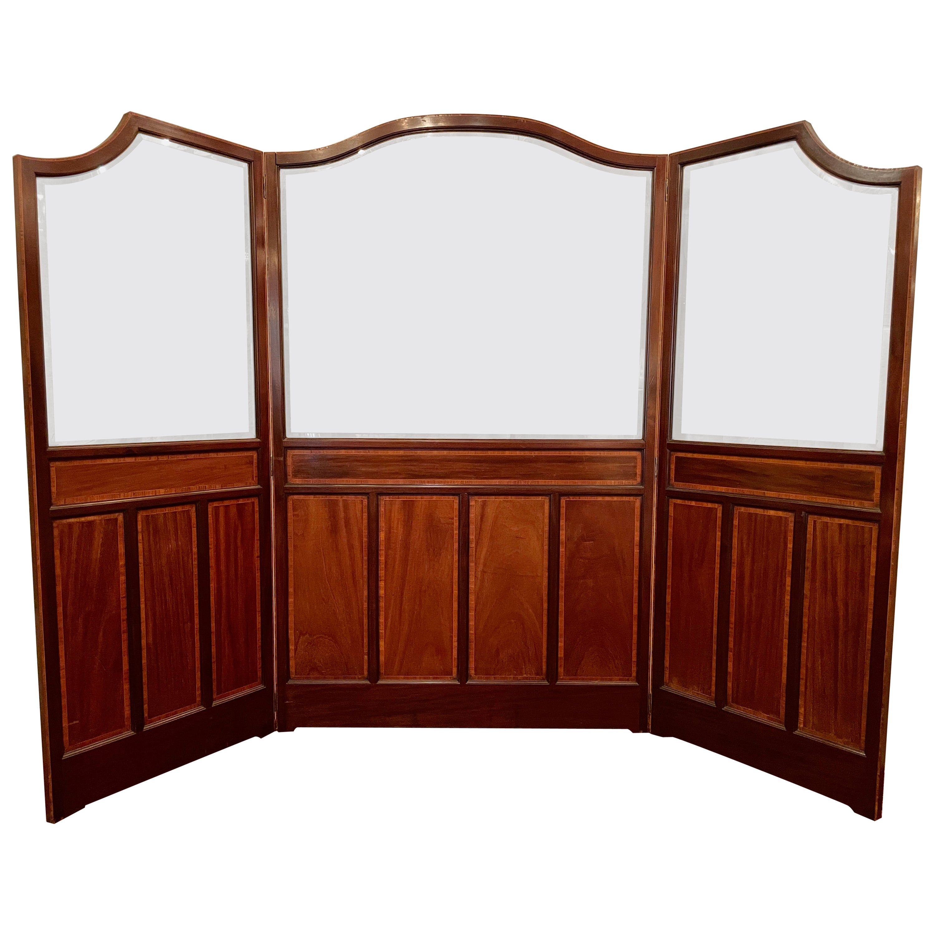 Antique English Inlaid Mahogany & Beveled Glass 3 Panel Floor Screen, Circa 1900 For Sale