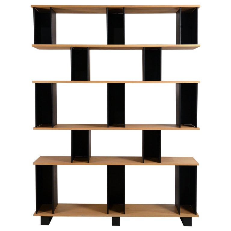 Tall 'Horizontale' Black Steel and Oak Shelving Unit by Design Frères For Sale