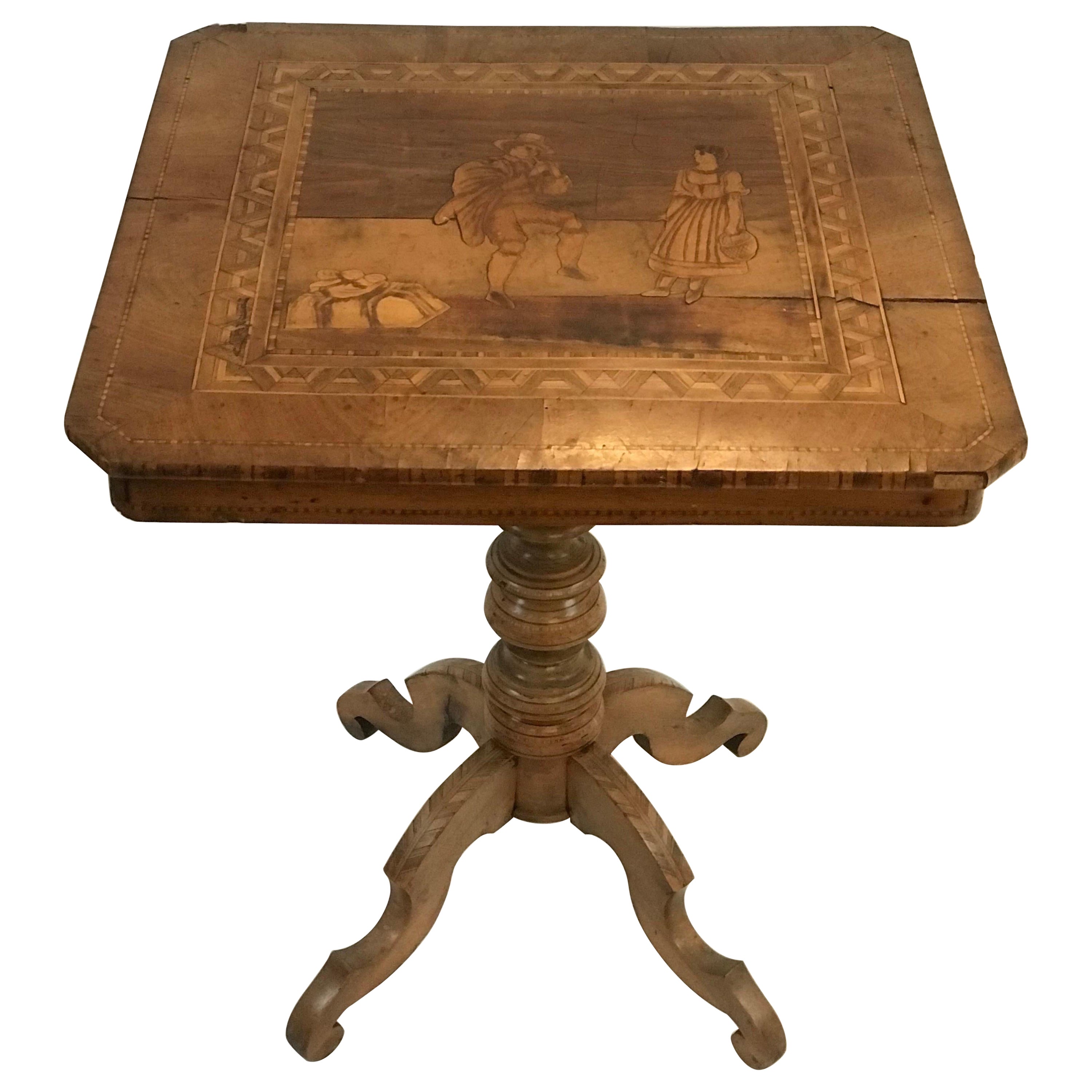 A Late 1800's Sorrento Marquetry Desert Table with Figural Classical Motif  For Sale