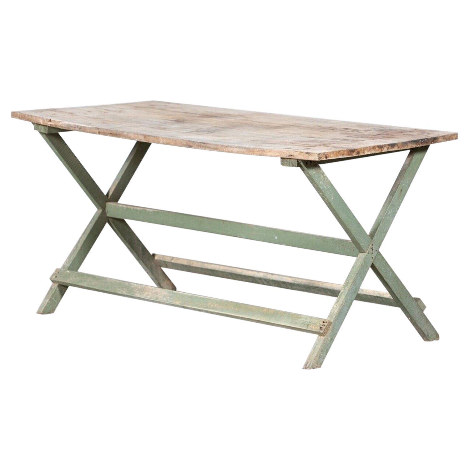 19thC French Painted Green Fruitwood Tavern Table For Sale