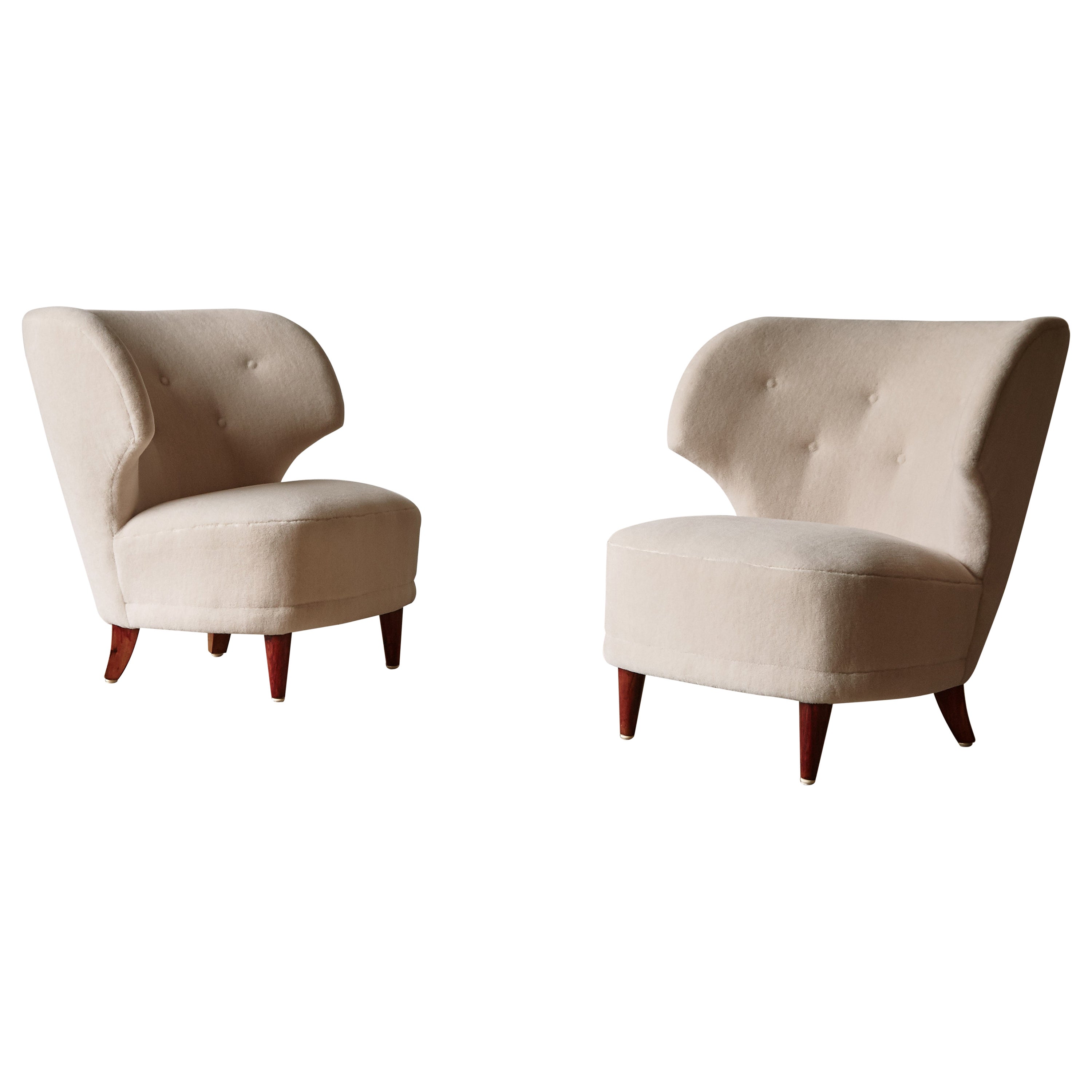 Pair of Carl-Johan Boman Chairs, in Pure Alpaca, Finland, 1940s