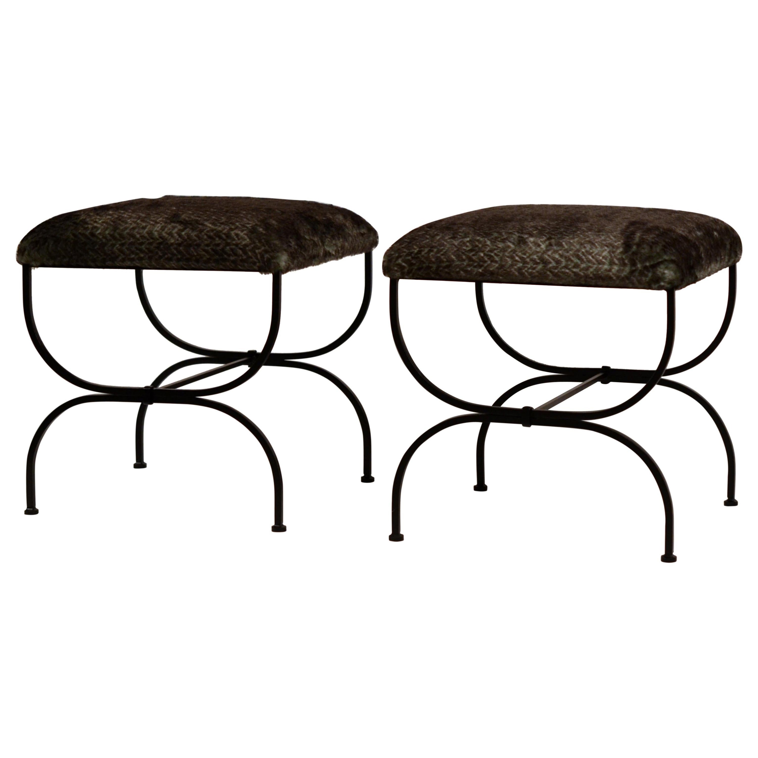 Pair of Large Faux Fur 'Strapontin' Stools by Design Frères For Sale