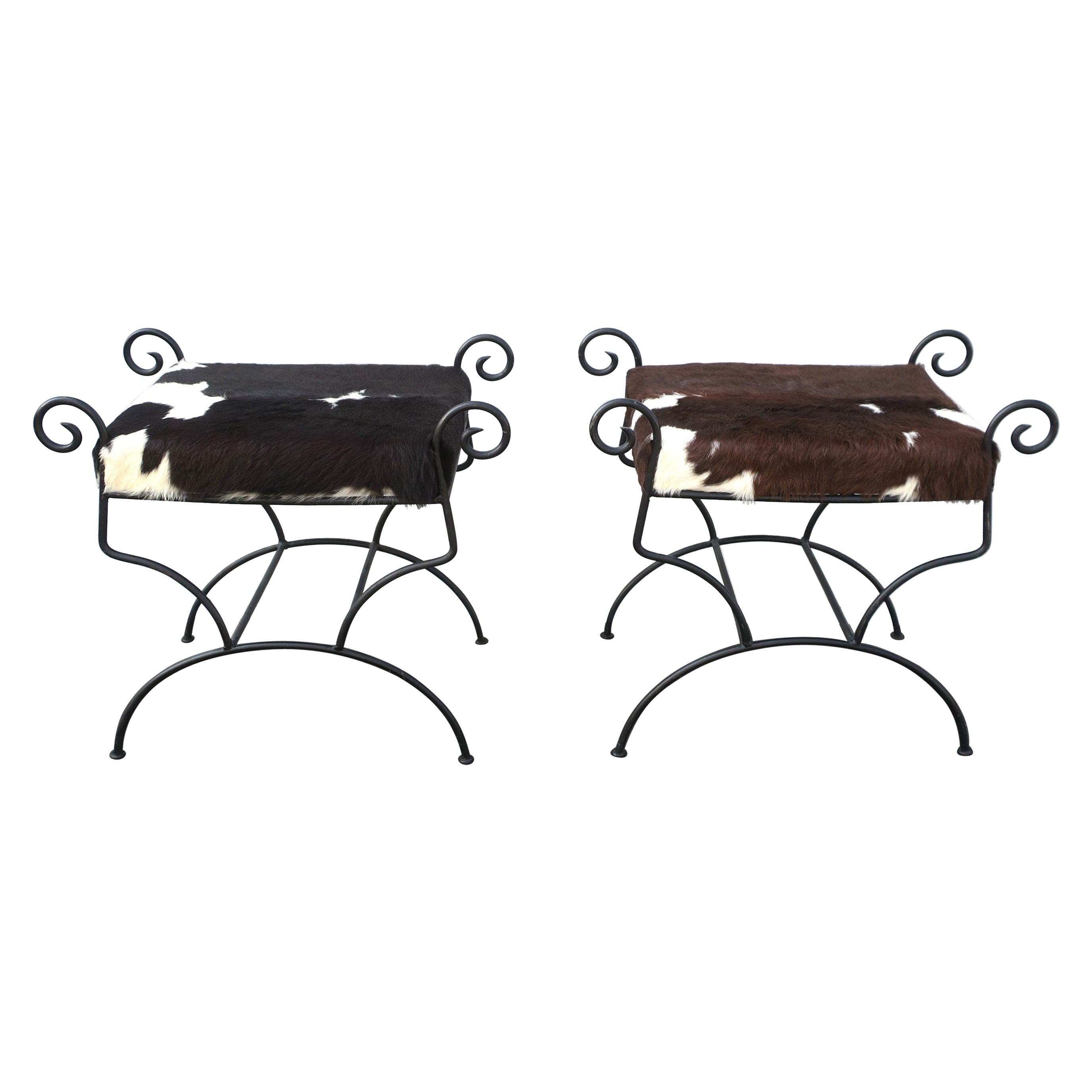 Black Wrought Iron and Hide Benches or Stools, Pair