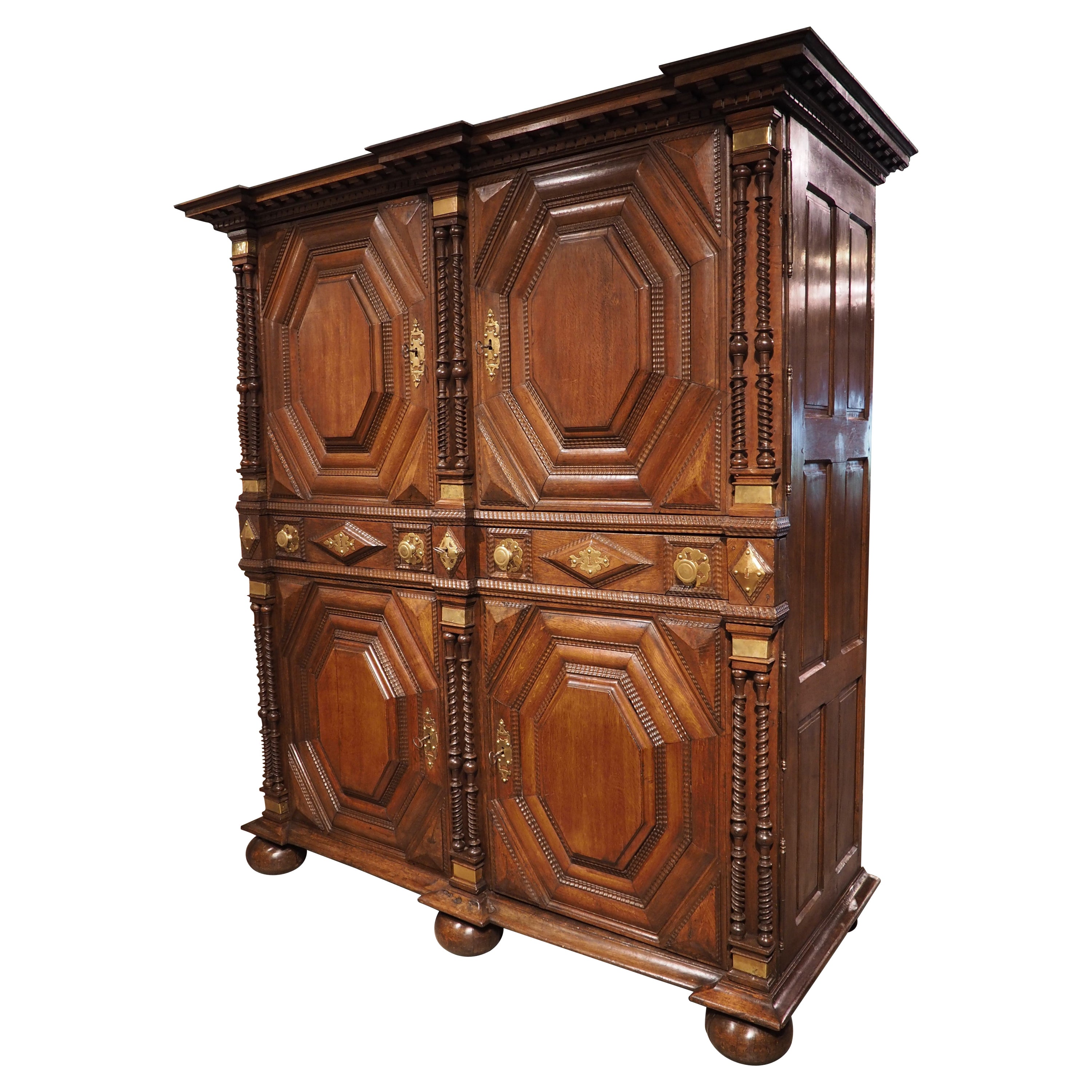 Rare 17th Century Oak and Brass 4-Door Buffet from Saint-Malo, France, C. 1690 For Sale