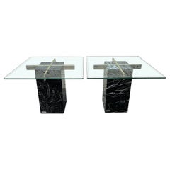 Pair of Mid Century Modern Black Marble Base Side Tables by Artedi, Italy