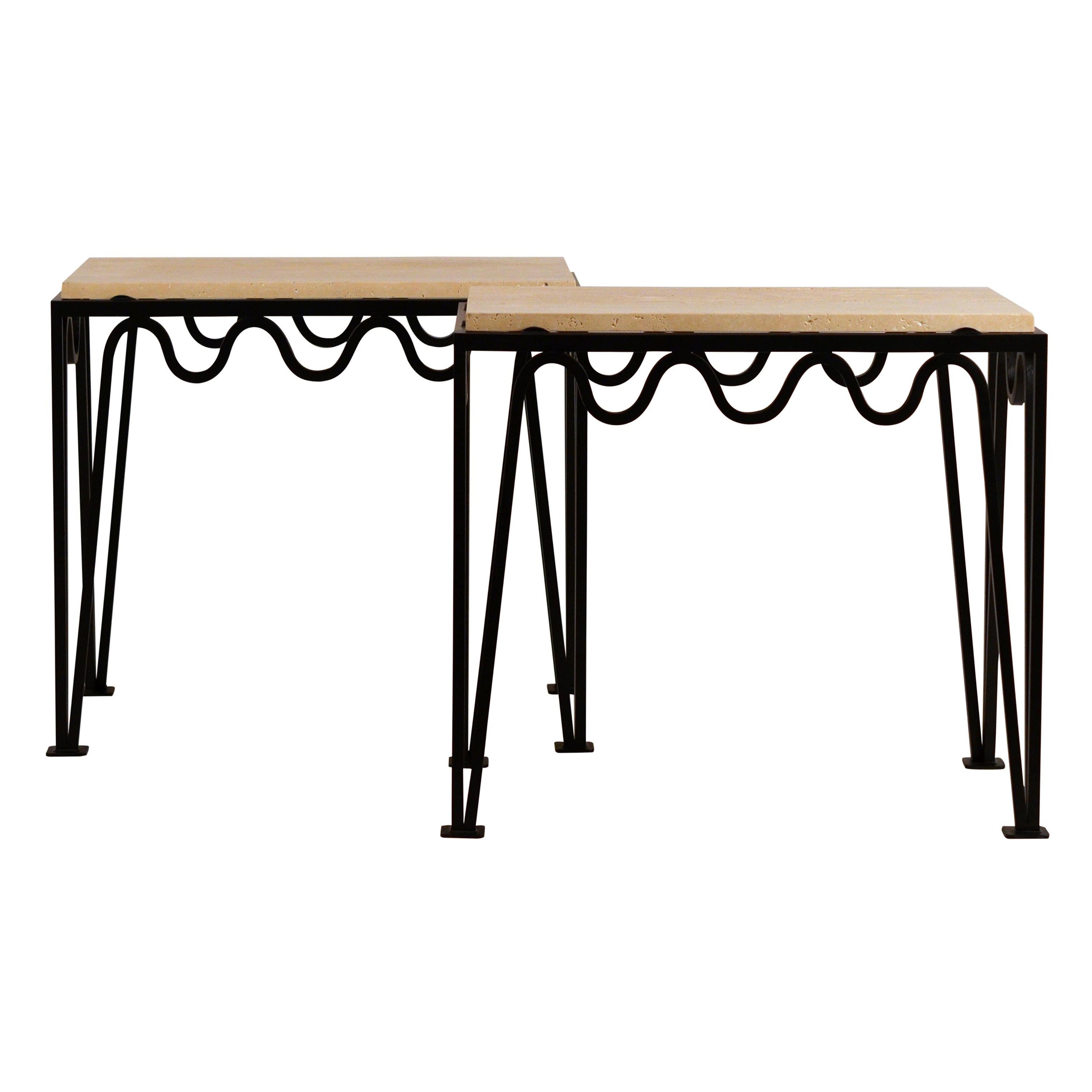 Pair of Chic 'Méandre' Black Iron and Travertine Side Tables by Design Frères