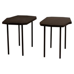 Pair of Asymmetrical 'Décagone' Black Leather Side Tables by Design Frères
