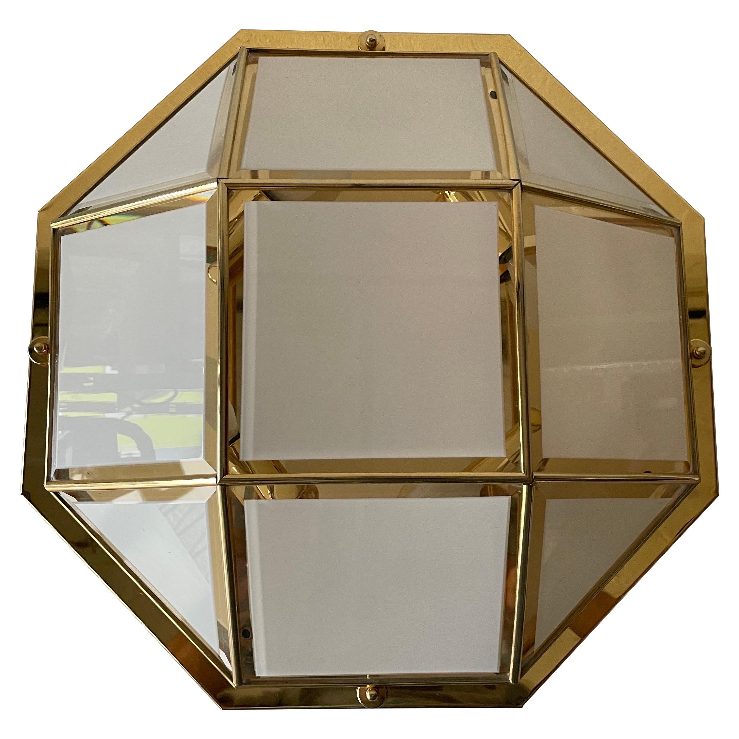 Octagonal White Glass Gold Metal Ceiling Lamp by Star Leuchten, 1980s, Germany