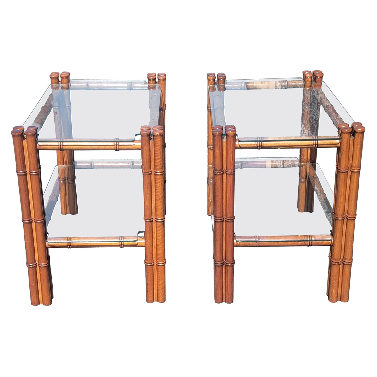 Regency Style Faux Bamboo Mahogany Two Tier Glass Side Tables, a Pair For Sale