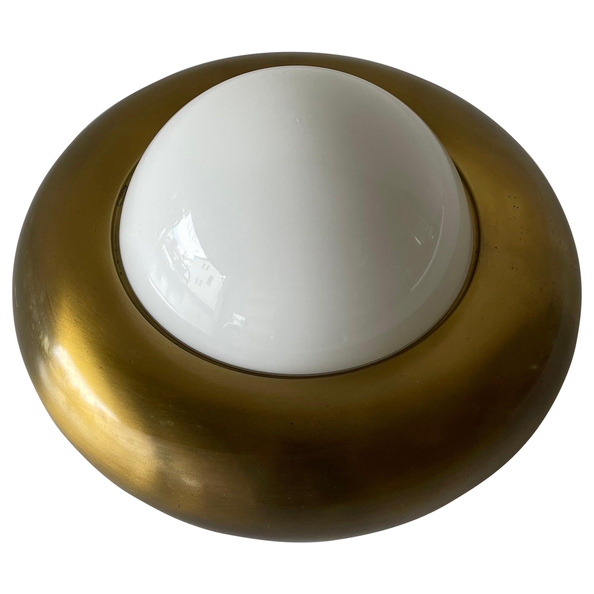 Opal Glass & Brass Ufo "Small Size" Flush Mount Light by Valenti, 1960s Italy For Sale