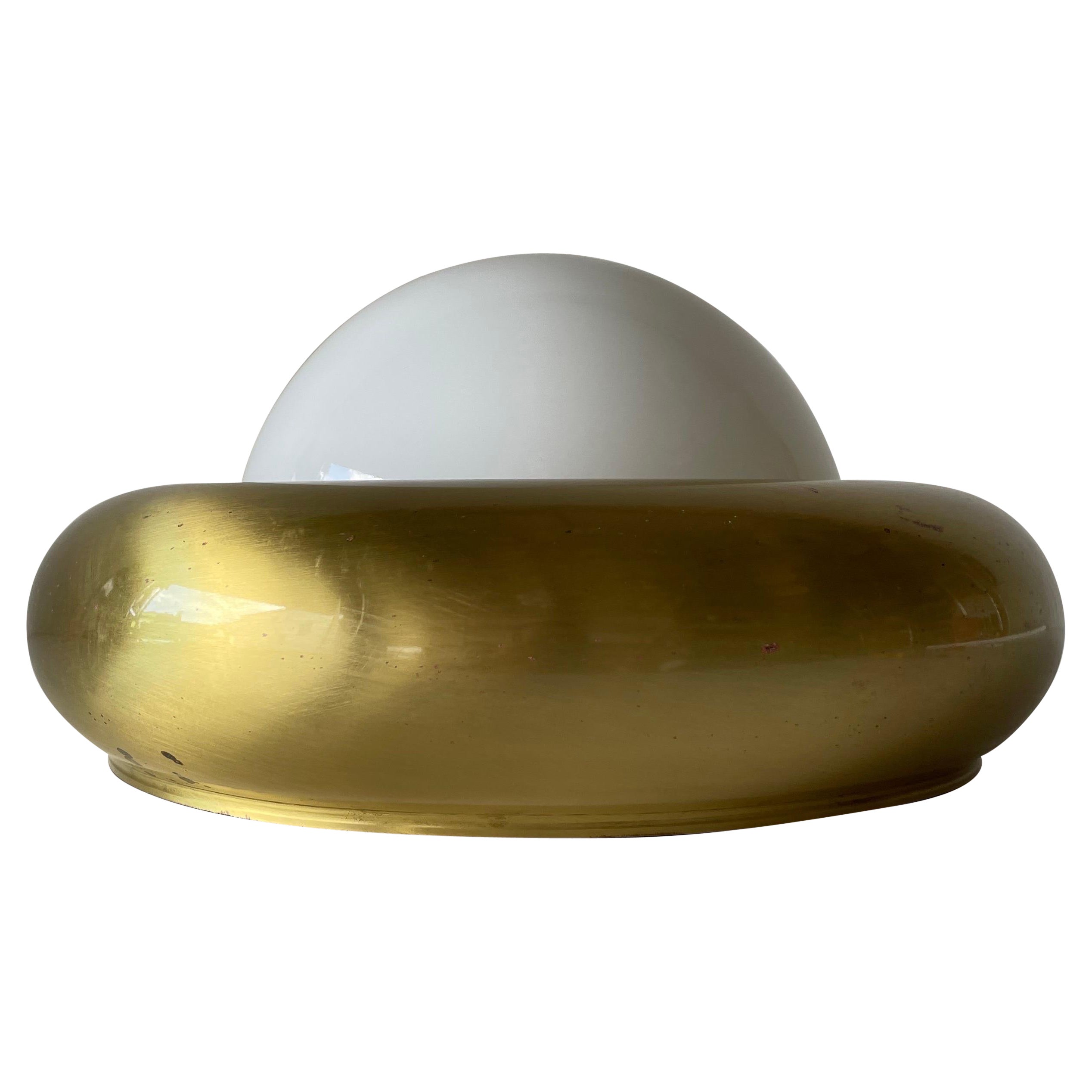 Opal Glass & Brass Ufo "Medium Size" Flush Mount Light by Valenti, 1960s Italy