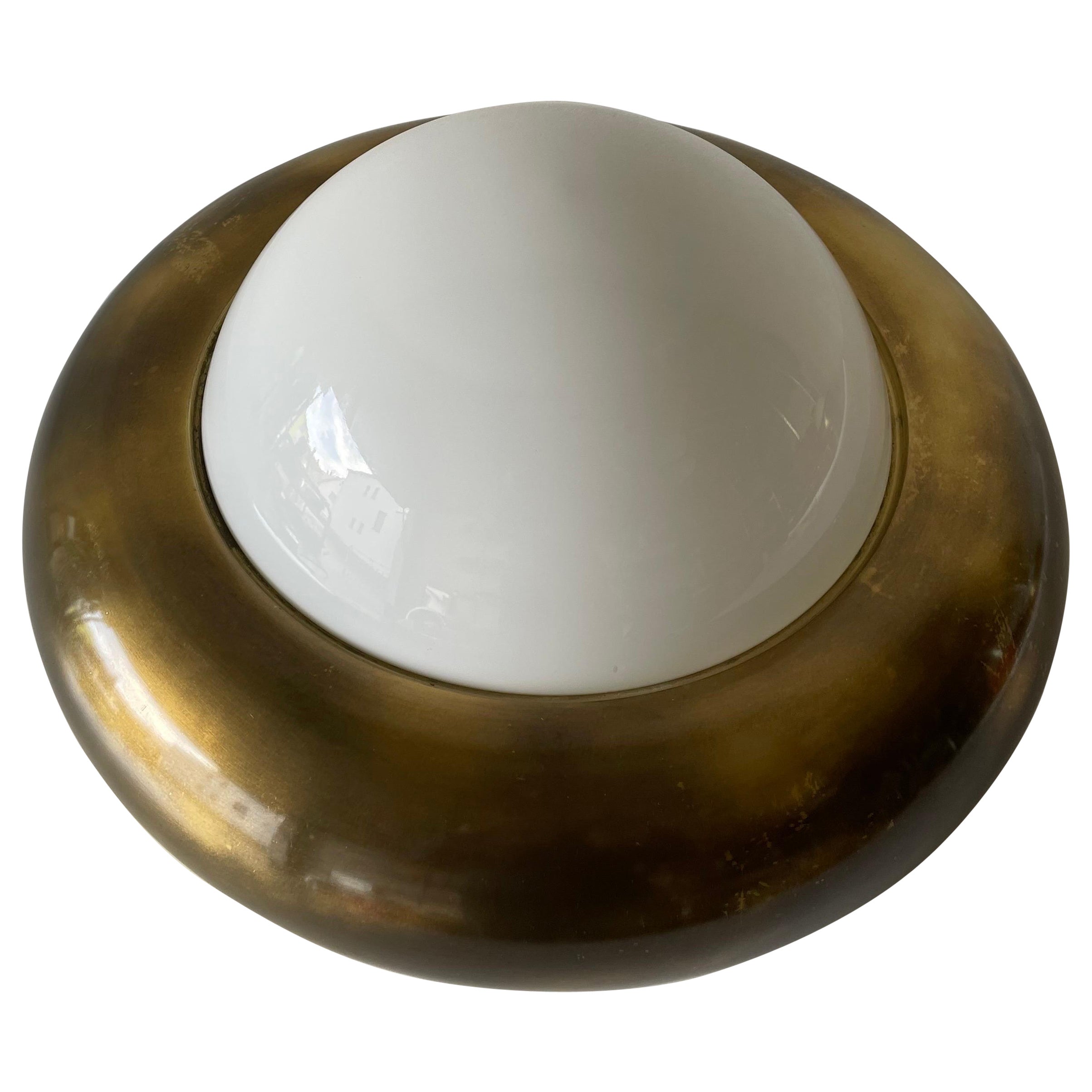 Opal Glass & Brass Ufo "Large Size" Flush Mount Light by Valenti, 1960s Italy For Sale