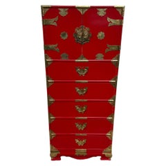 Vintage Mid 20th Century Korean Red Lacquered Tansu Butterfly Lingerie Campaign Cabinet