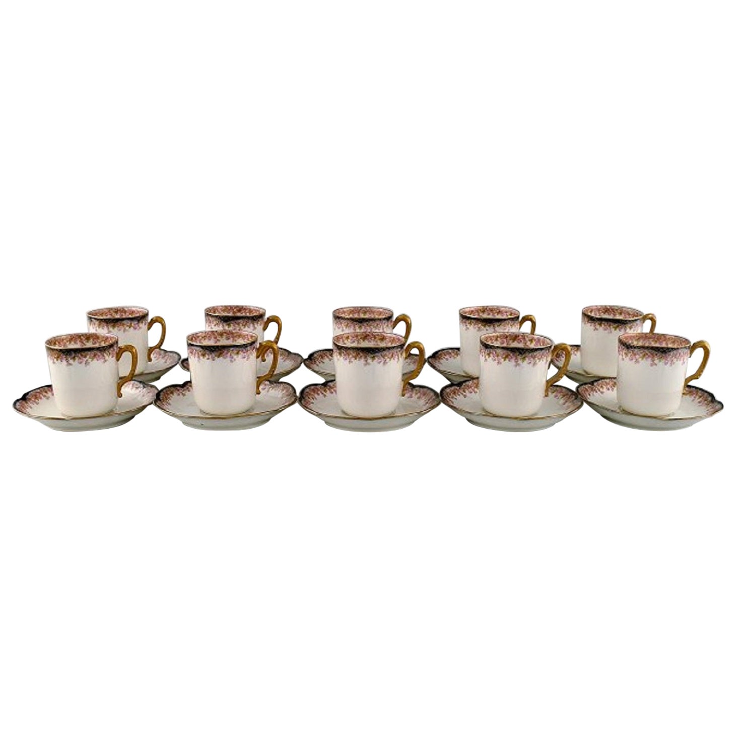 Limoges, France, 10 Mocha Cups with Saucers in Hand-Painted Porcelain For Sale