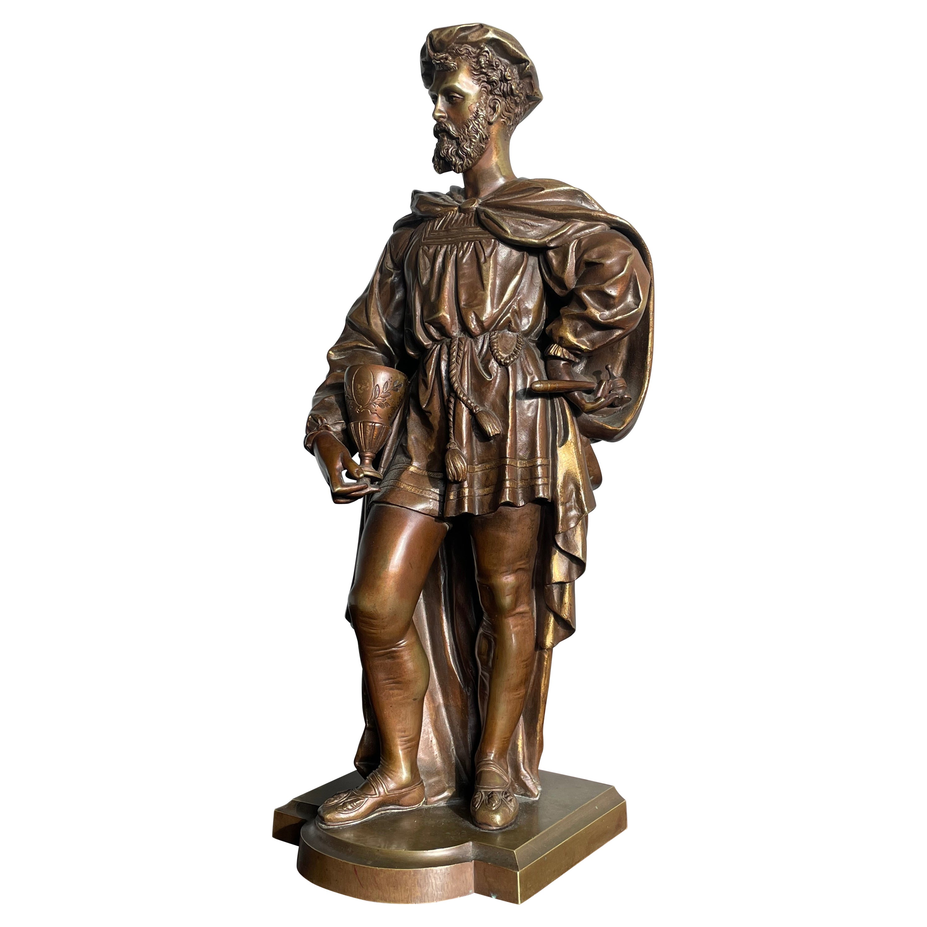Atemberaubende antike Bronzeskulptur / Statue eines gut gekleideten venezianischen Kaufmanns aus Bronze im Angebot