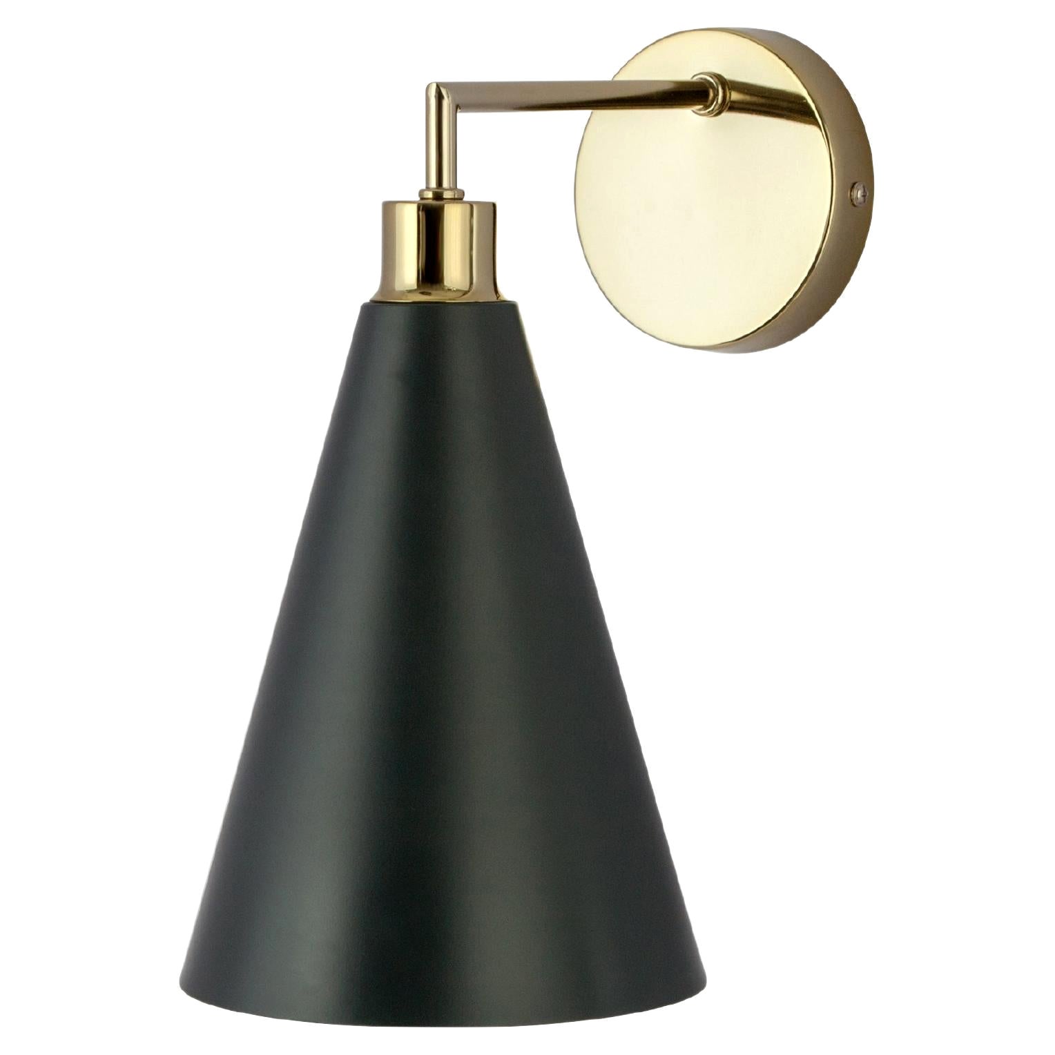 Houseof Charcoal Grey Cone Shade Wall Light with Metal and Brass For Sale