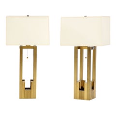 Pair of Geometric Brass and Chrome Table Lamps by Willy Rizzo for Lumica
