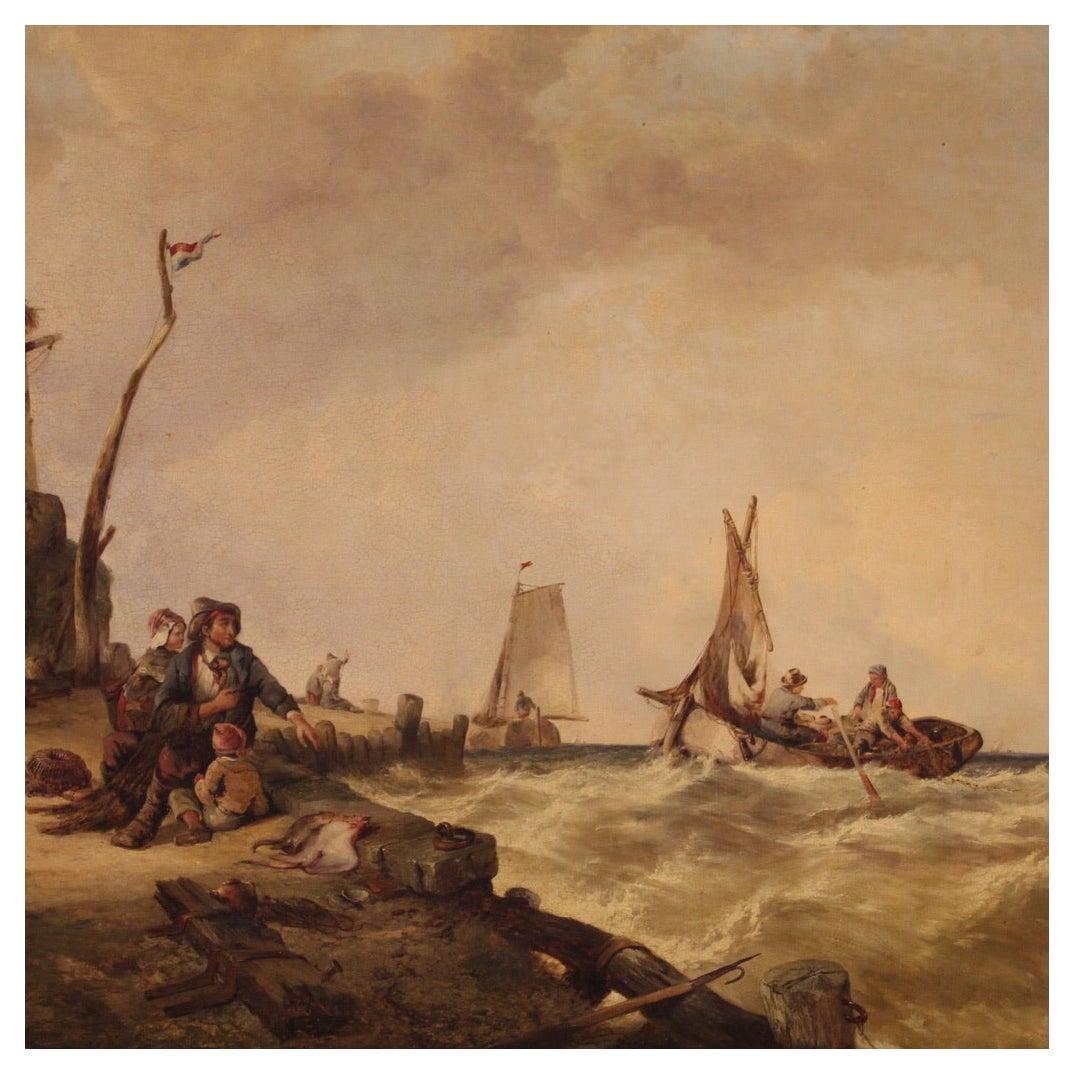 19th Century Oil on Canvas Flemish Seascape Painting, 1860