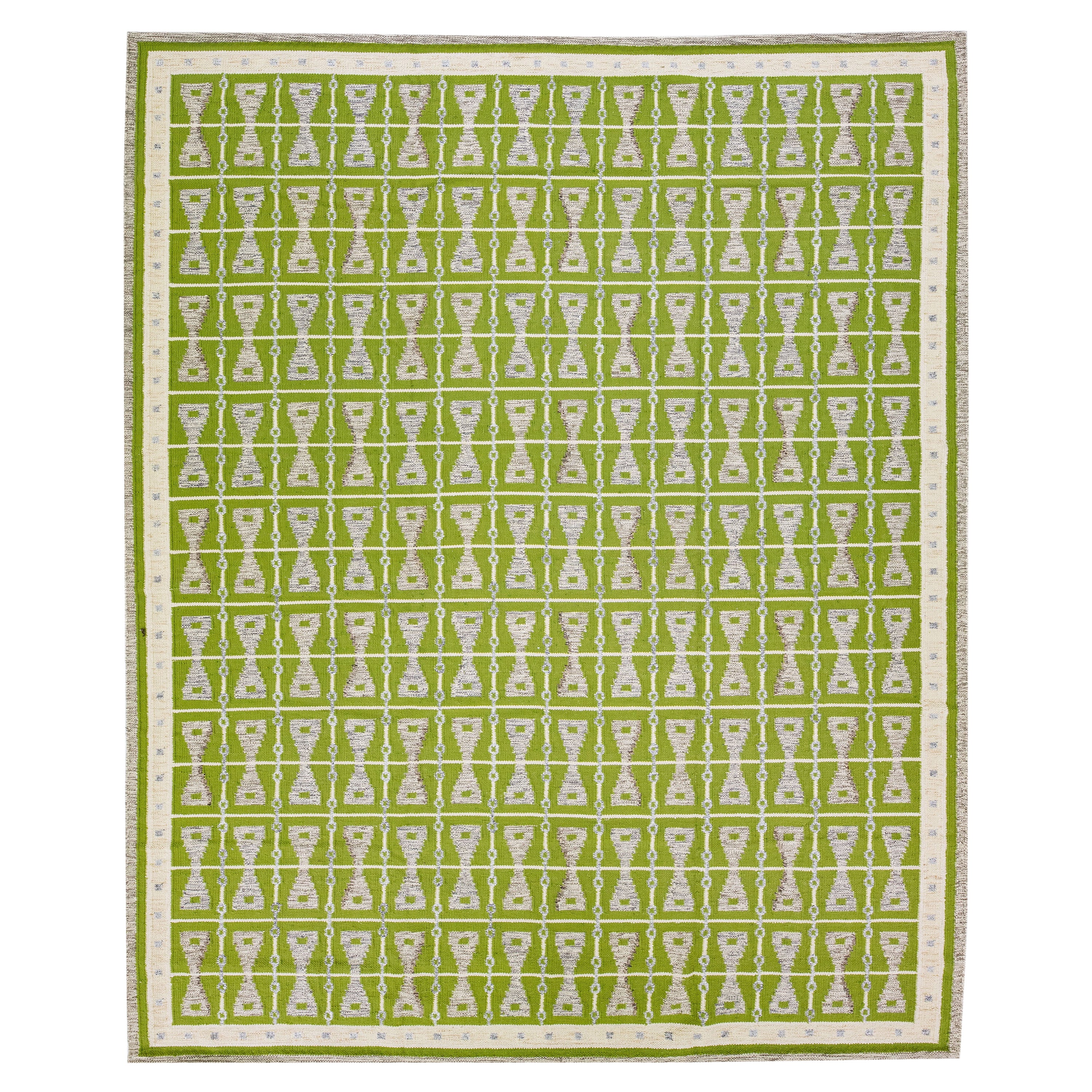 Modern Swedish Style Green Handmade Oversize Wool Rug with Geometric Pattern