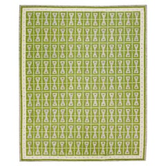 Modern Swedish Style Green Handmade Oversize Wool Rug with Geometric Pattern