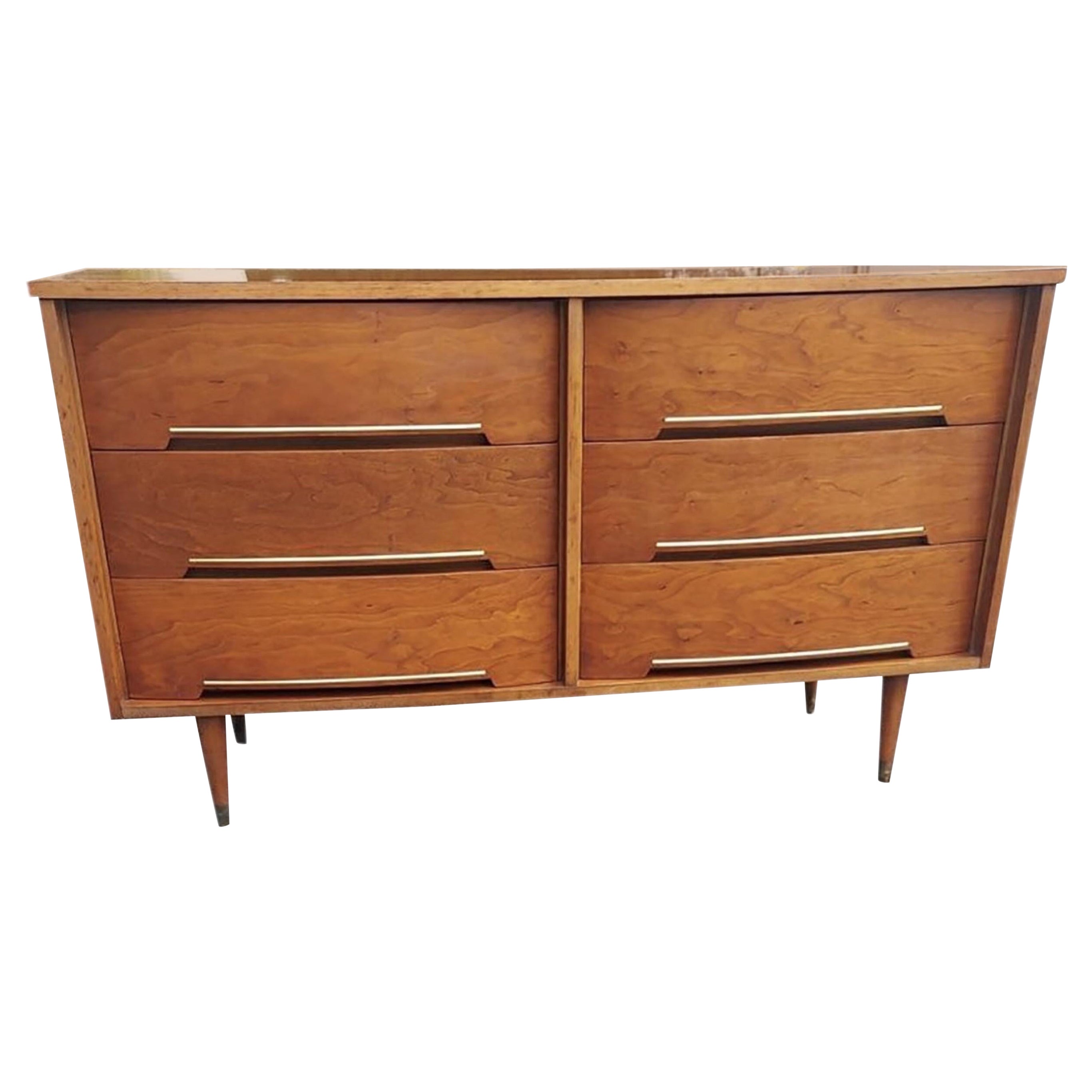 Vintage Mid-Century Modern 6 Drawer Walnut and Brass Dresser