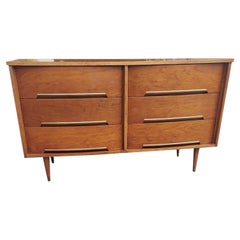 Retro Mid-Century Modern 6 Drawer Walnut and Brass Dresser
