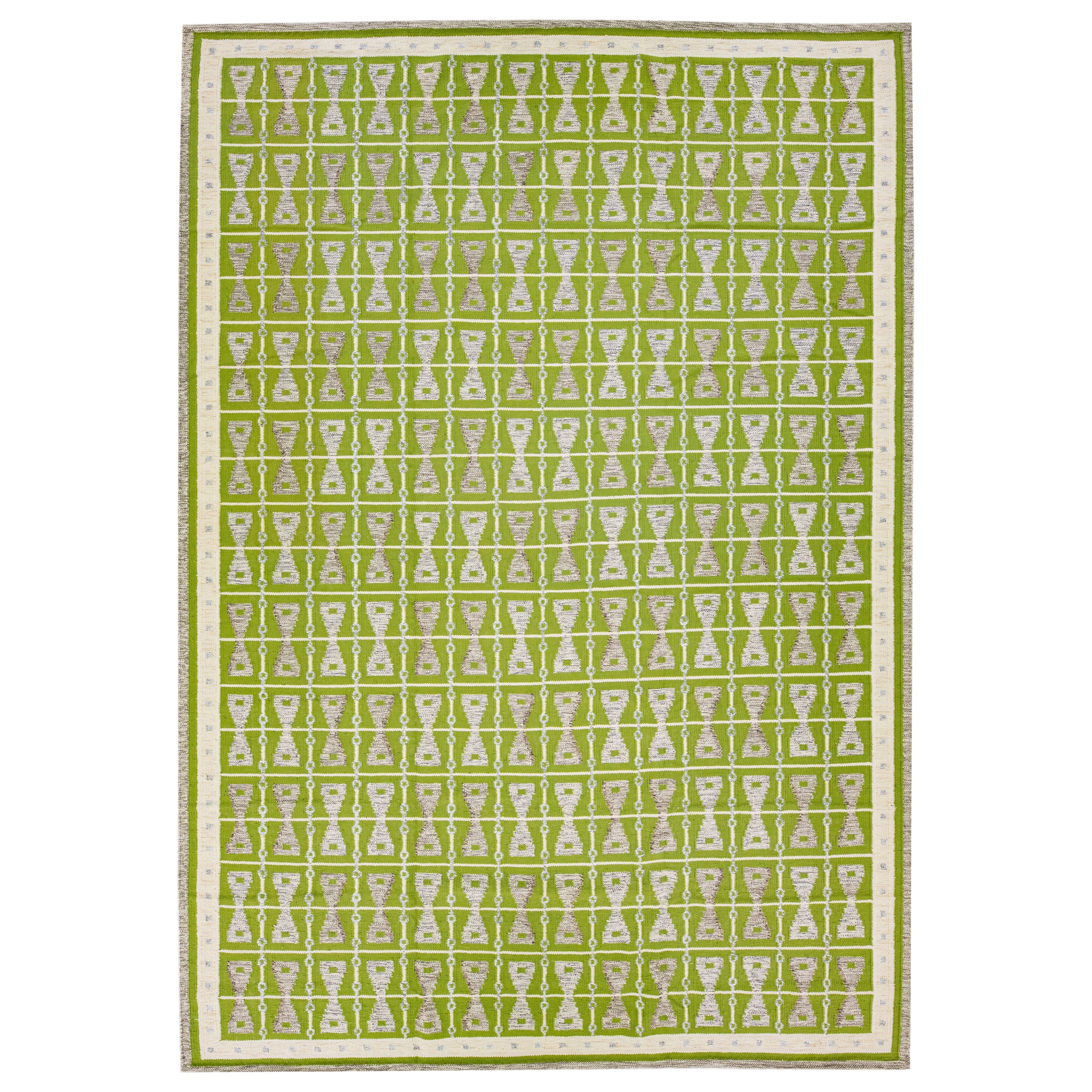 Green Modern Swedish Style Handmade Oversize Wool Rug with Geometric Design