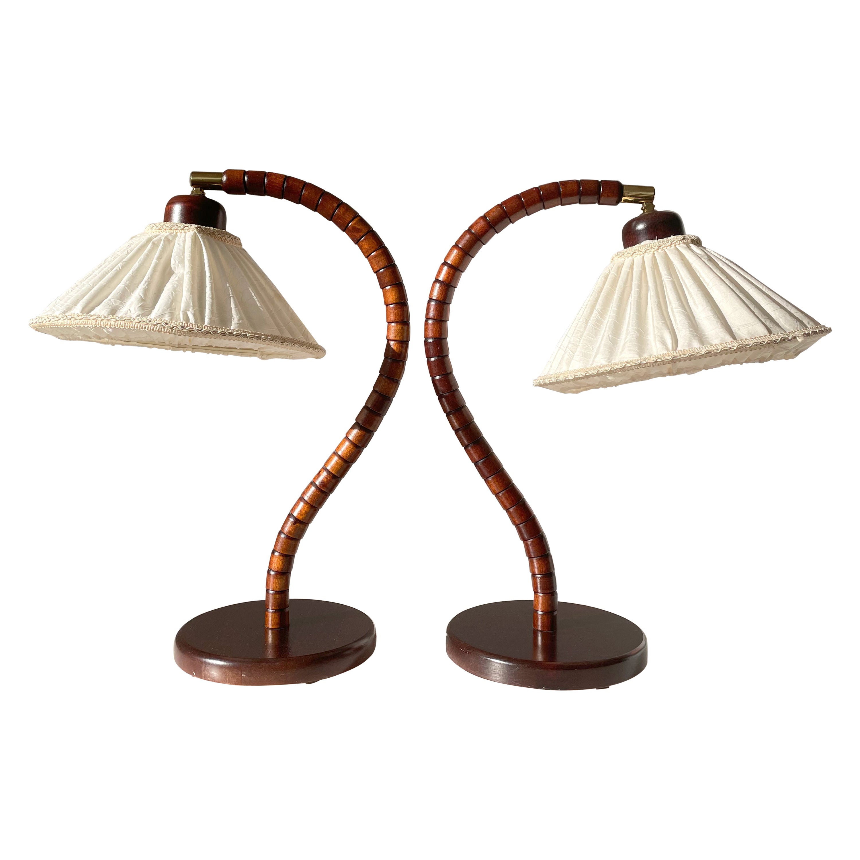 Pair of Wooden Art Deco Style Cream Shade Lamps by Markslöjd, 1960s