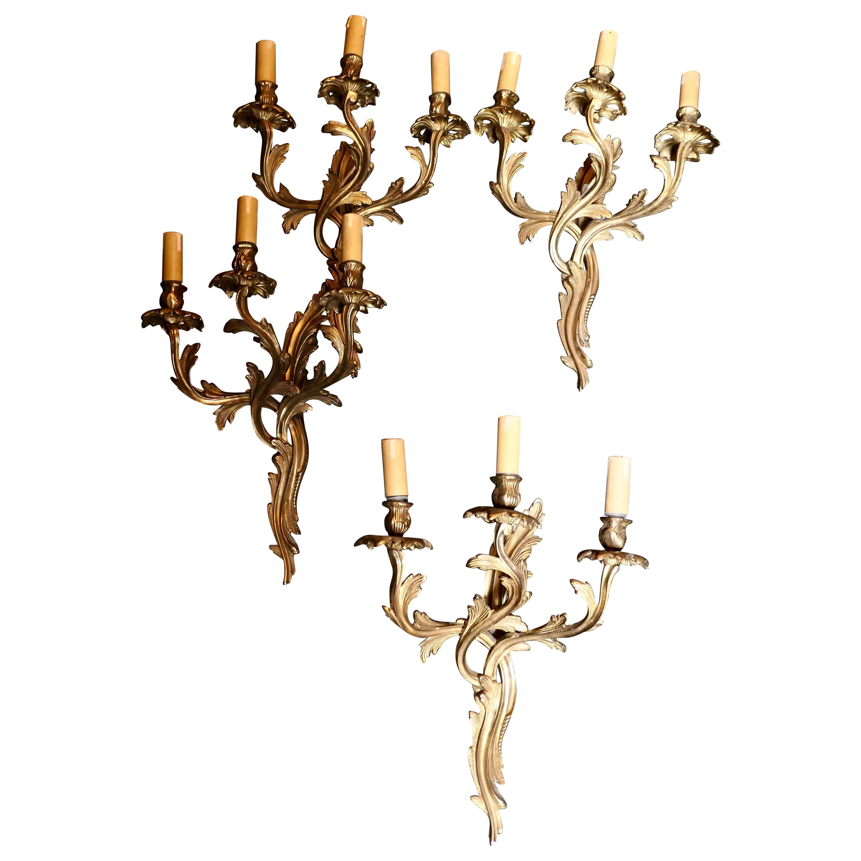 Set of 4 Large French Brass 3 Branch Wall Lights For Sale