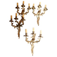 Set of 4 Large French Brass 3 Branch Wall Lights