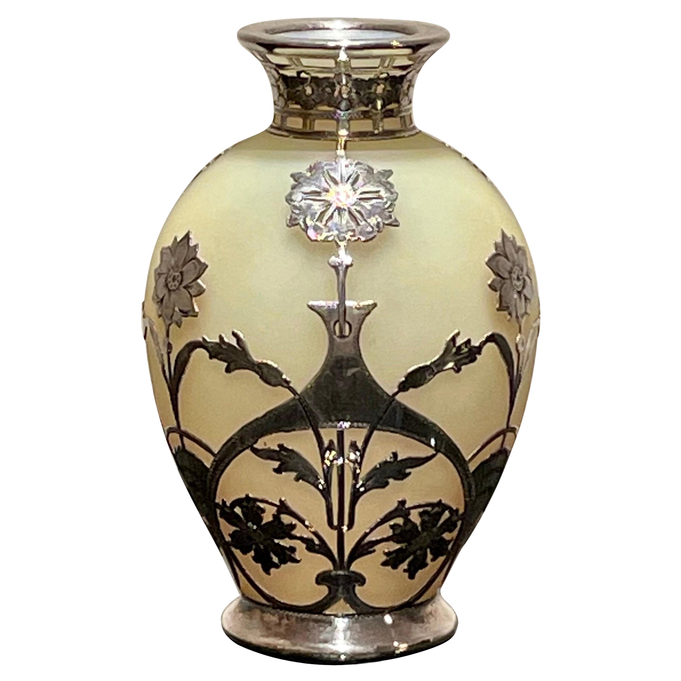 Art-Nouveau Silver Overlaid Vase 1900s in Loetz Style