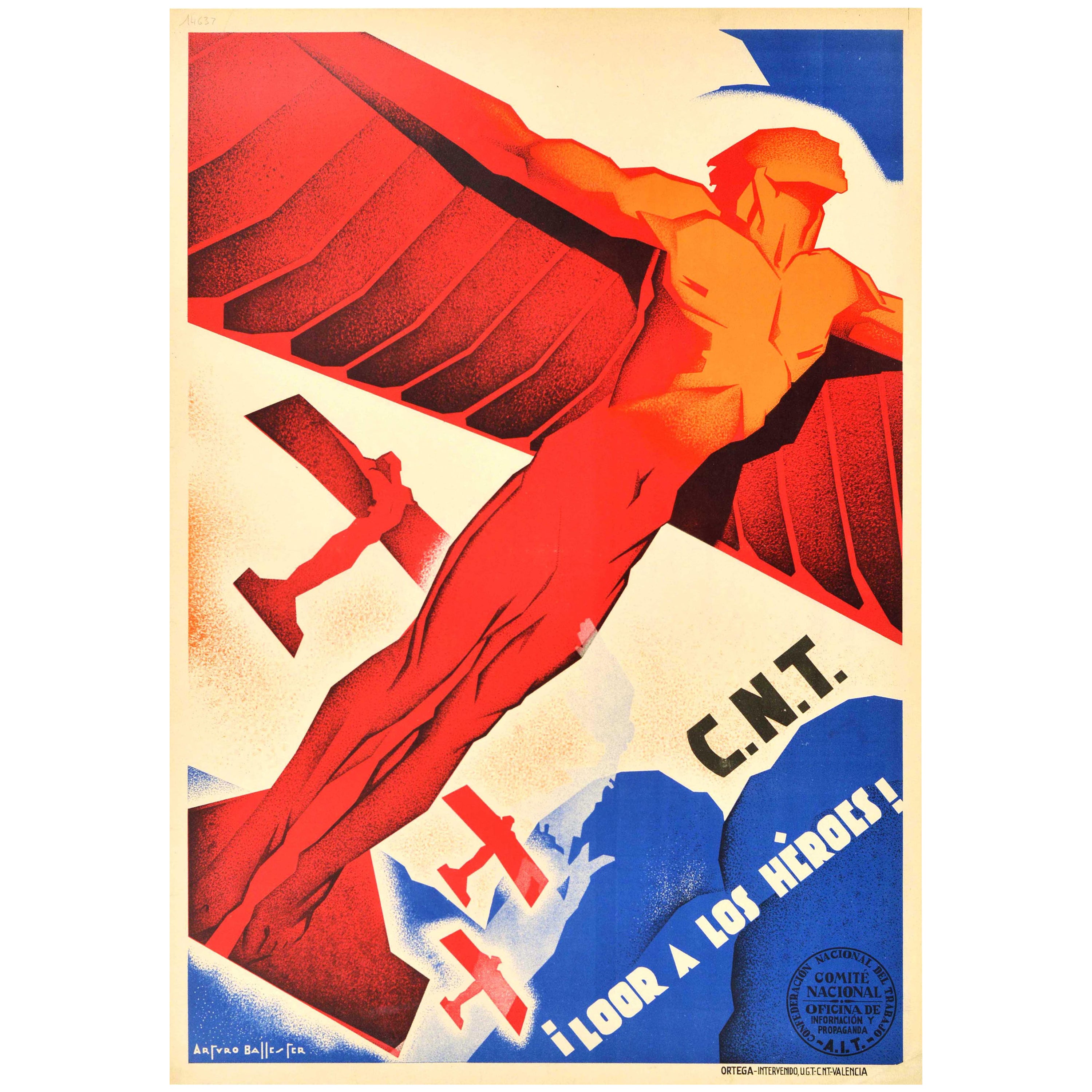 Original Vintage-Poster, Spanisches Bürgerkriegsplakat, „Cnt Hail Heroes Arturo Ballester“, Arturo Ballester