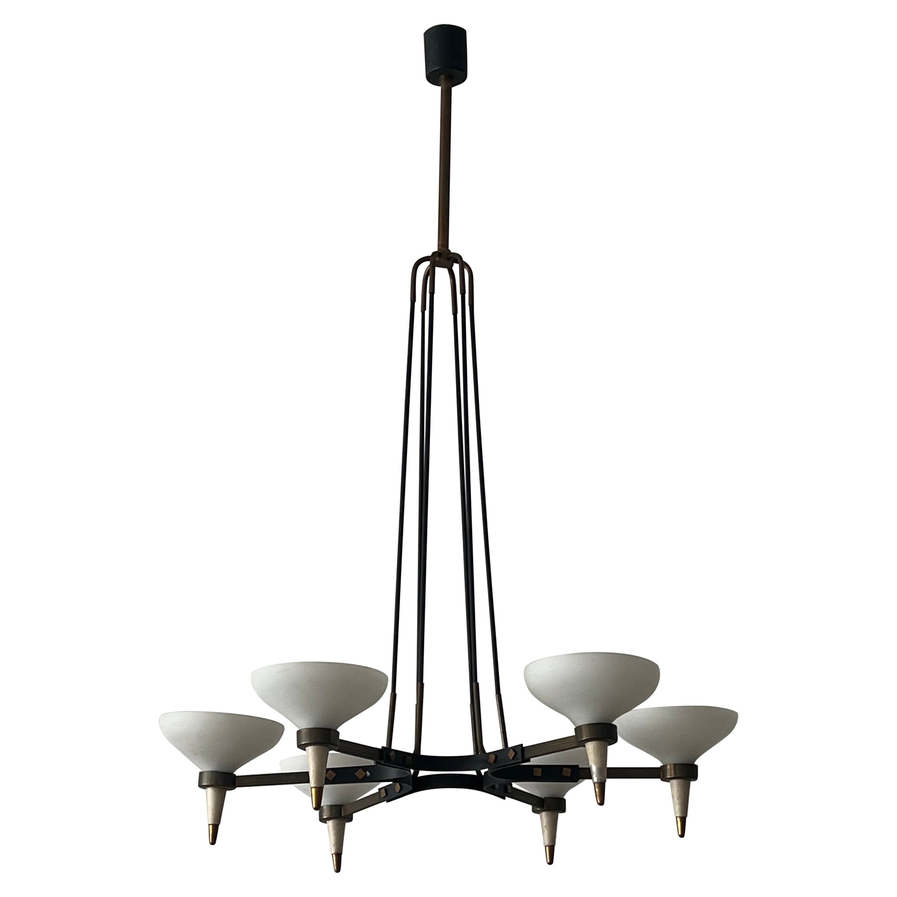Italian Designer Chandelier Brass Black Lacquered Metal Glass italian-designer-chandelier-brass-black-lacquered-metal-glass