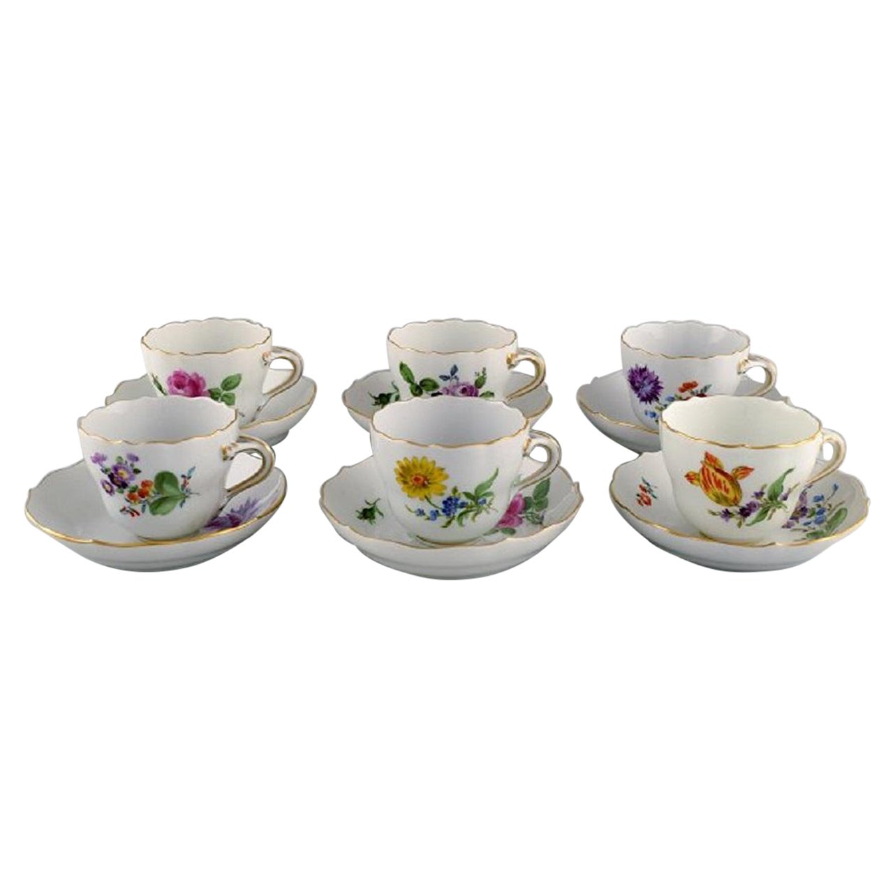 Six Meissen coffee cups with saucers in hand-painted porcelain.