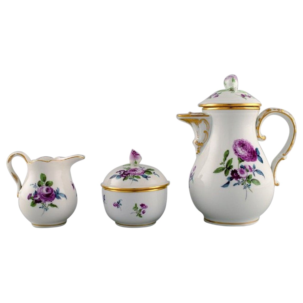 Meissen Coffee Pot, Sugar Bowl and Cream Jug with Hand-Painted Flowers For Sale