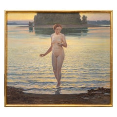 Huile sur toile symboliste Vénus se levant du Danube Oswald Grill circa 1905