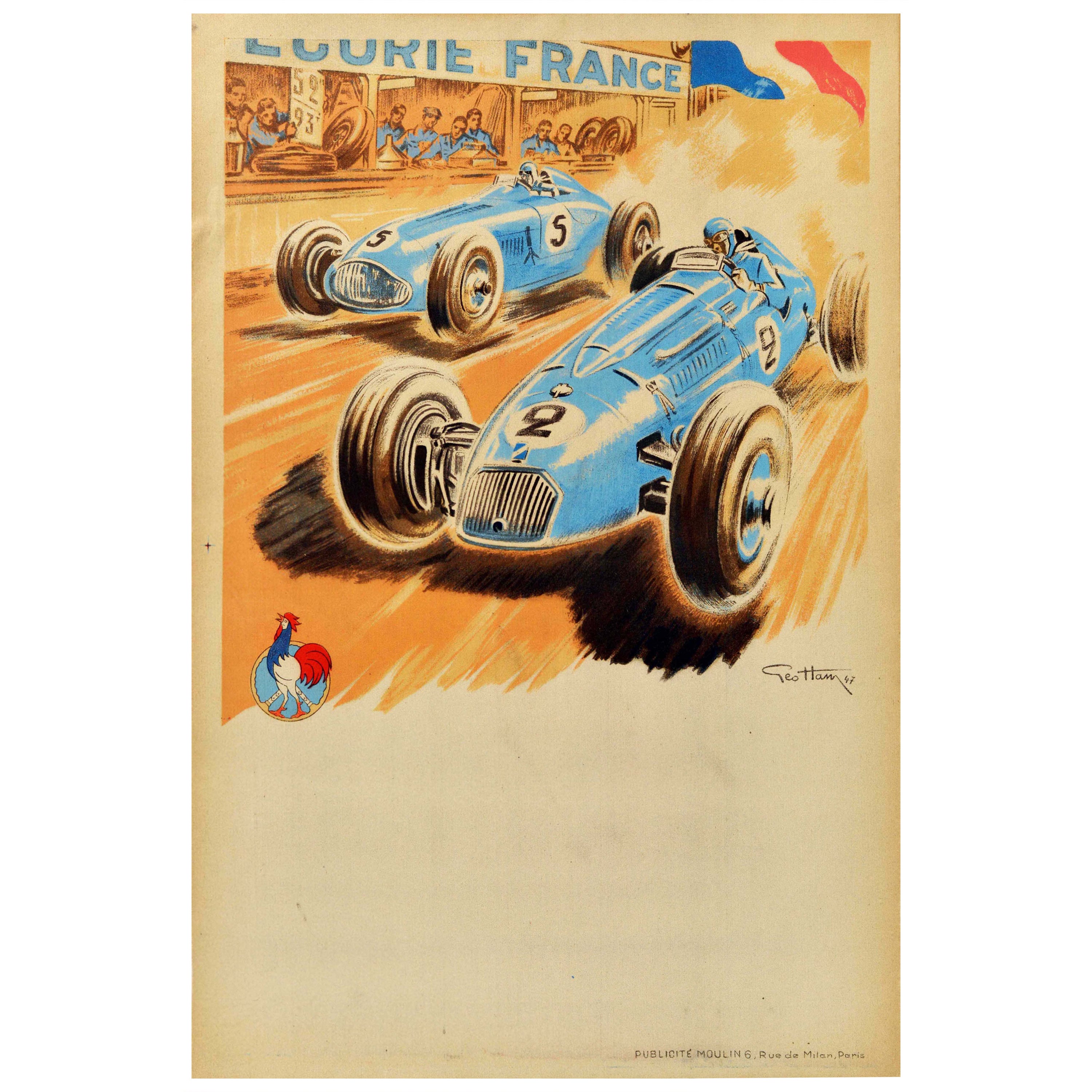 Original Vintage Car Racing Poster Ecurie France Talbot Delahaye Motorsport Art For Sale