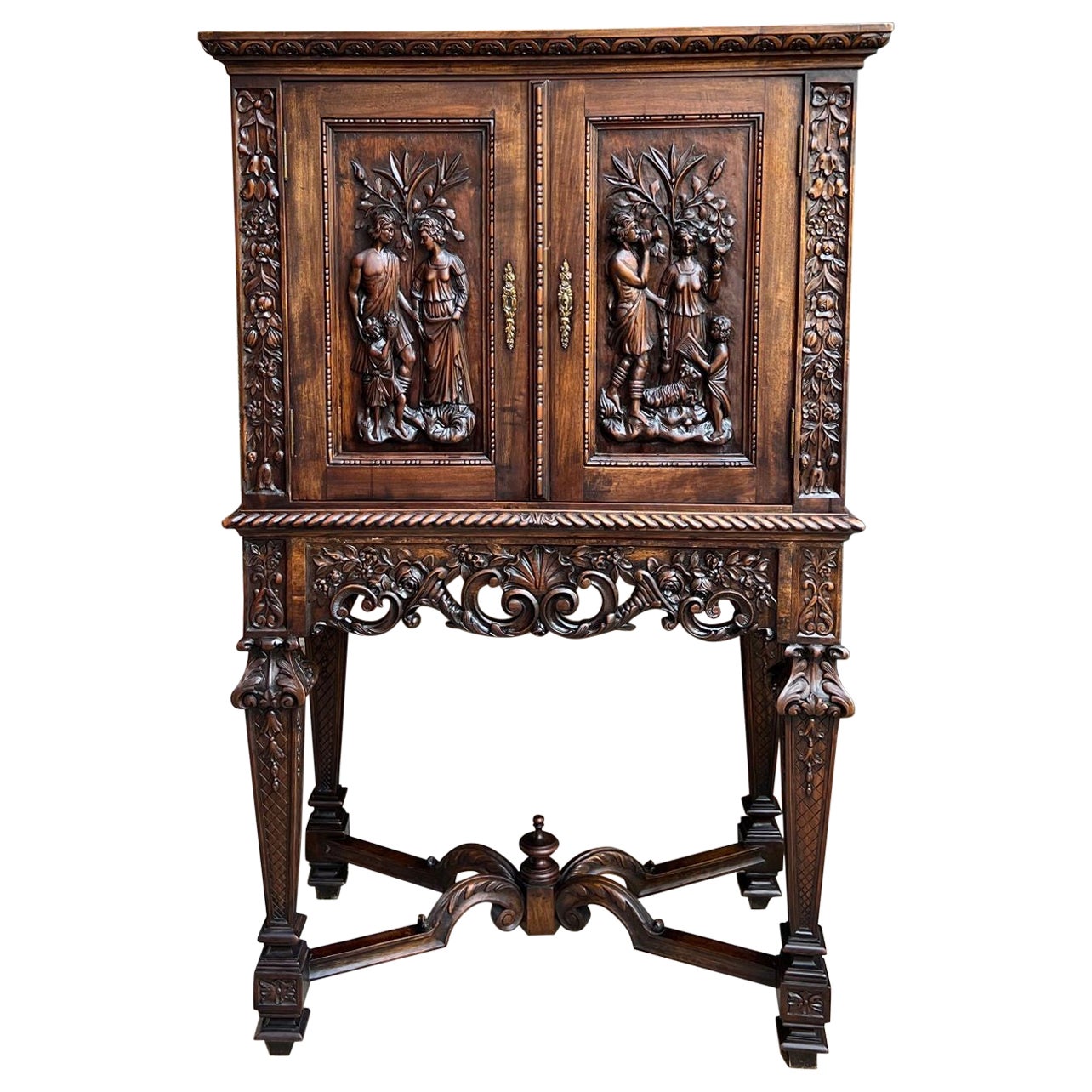 Antique French Carved Walnut Cabinet Wine Bar Renaissance Bookcase c1890