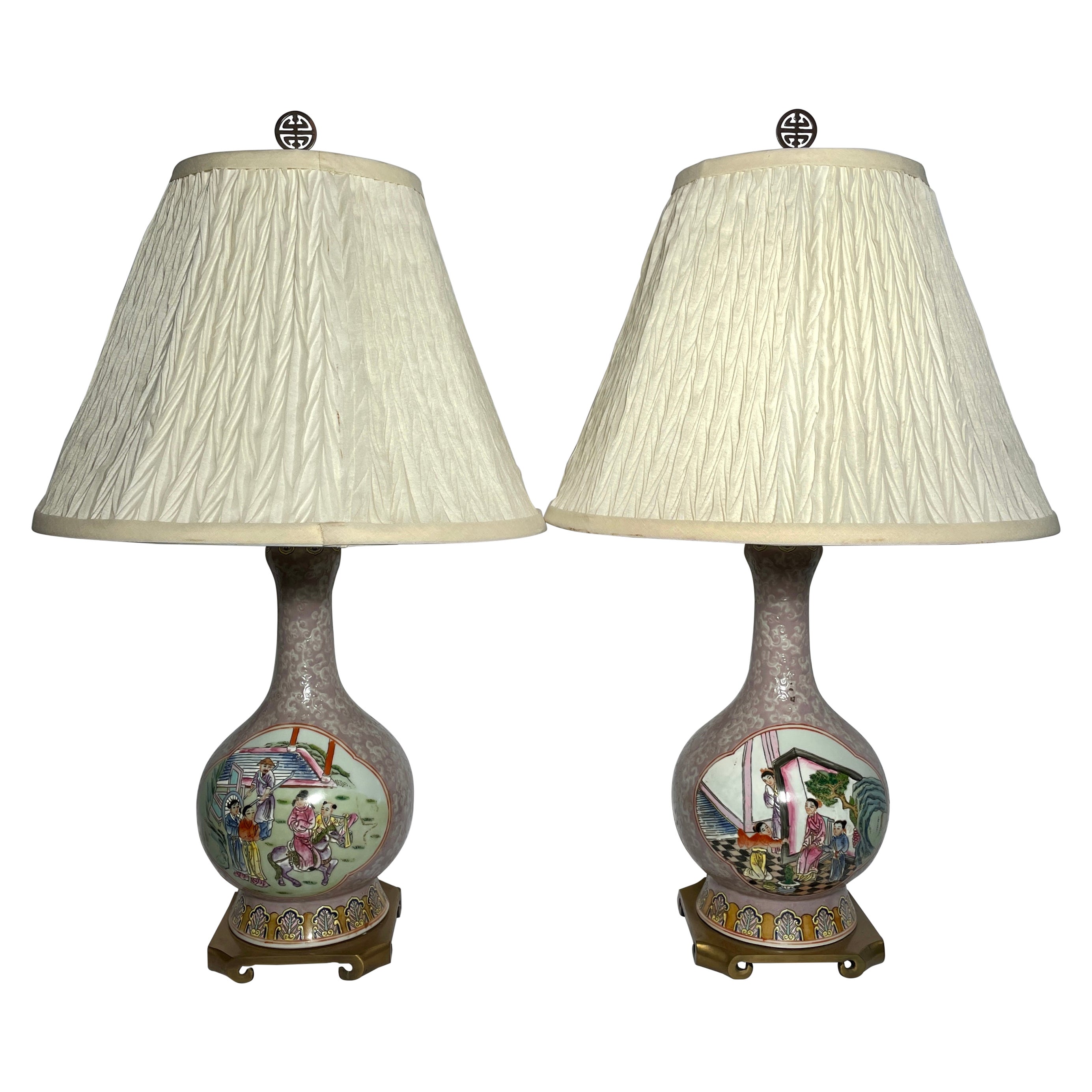 Pair Antique 19th Century Chinese Porcelain Bottle Vase Lamps w/ Mandarin Panels