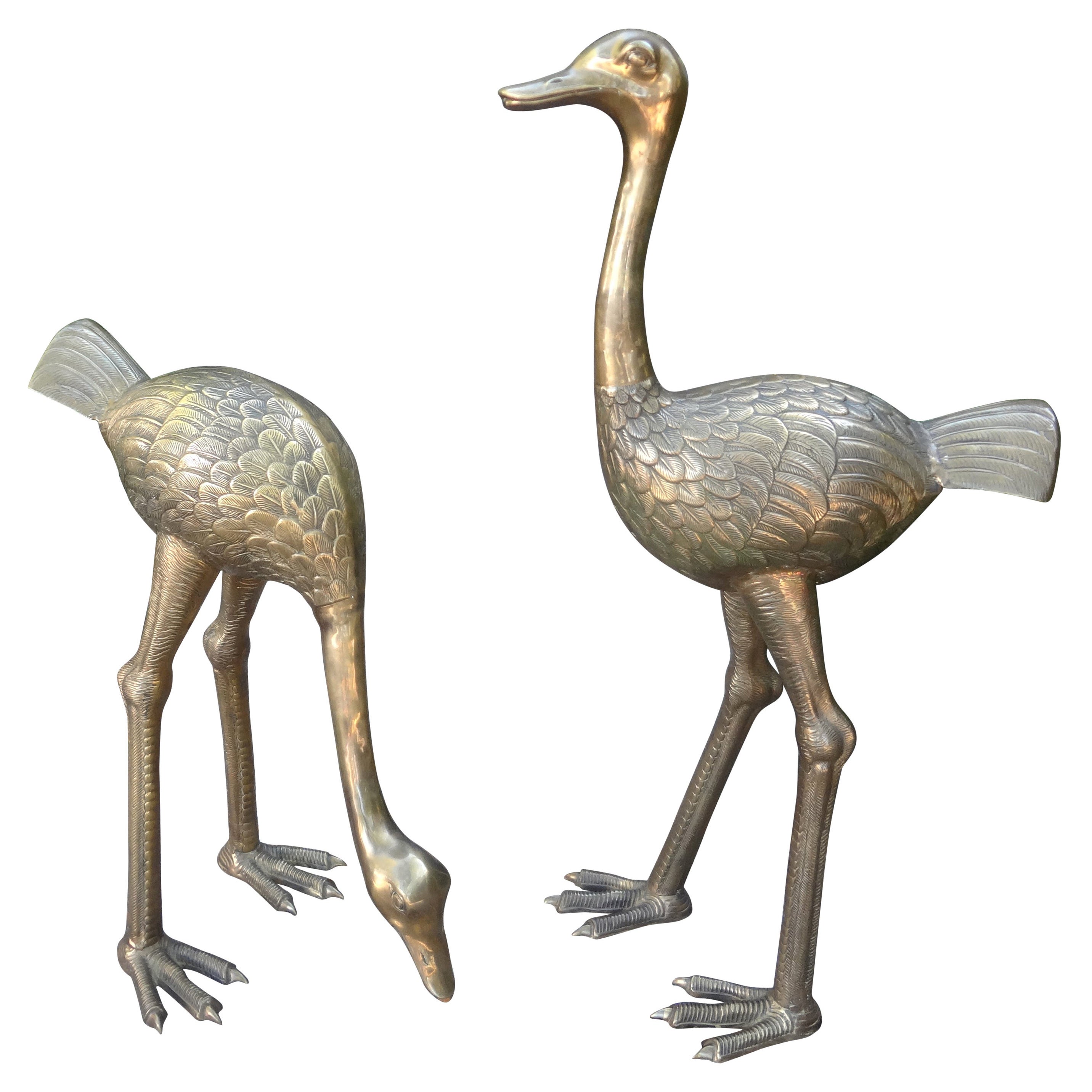 Large Pair of Hollywood Regency Brass Ostrich Figures For Sale