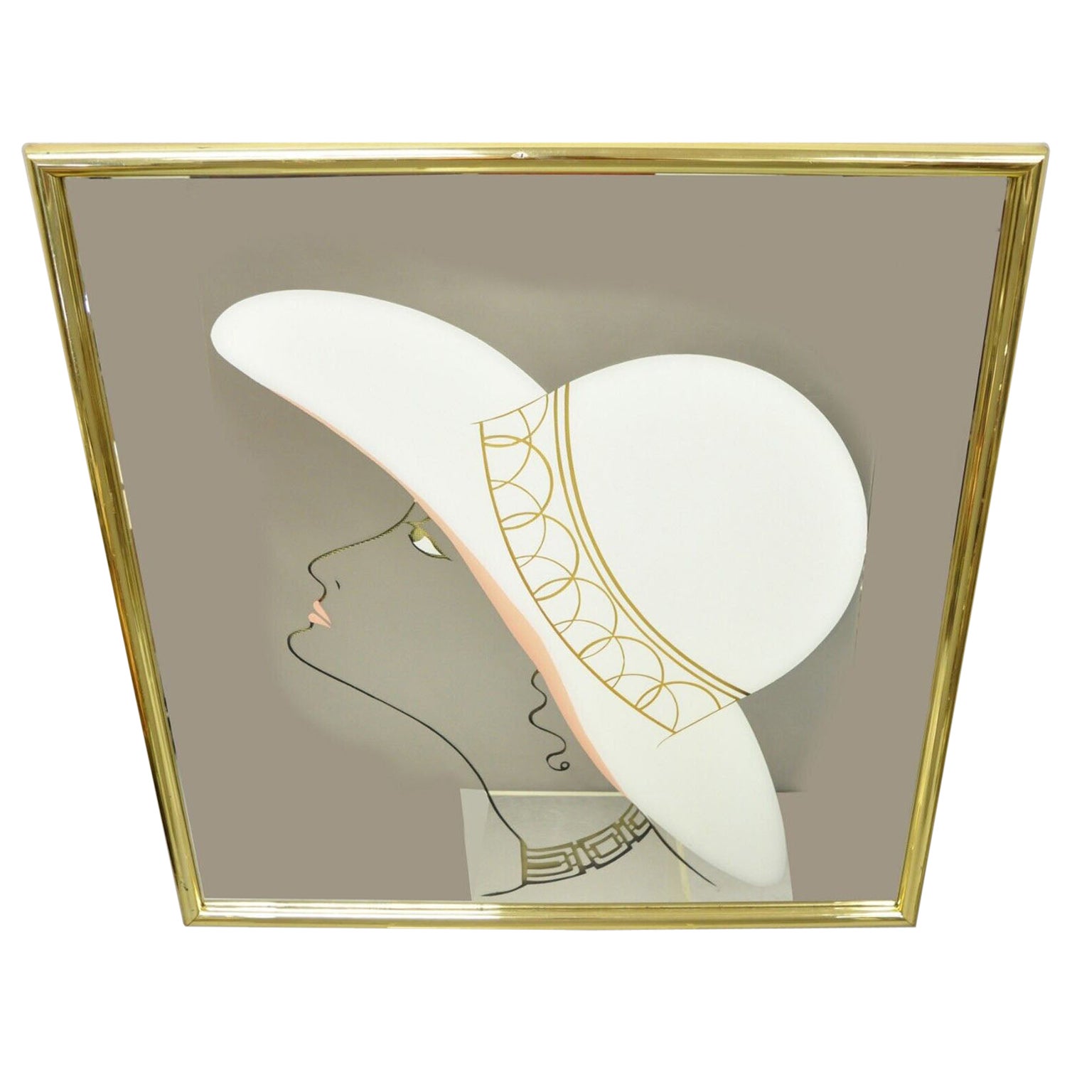 Vintage Art Deco Style Square Wall Mirror with Woman in Hat Art For Sale