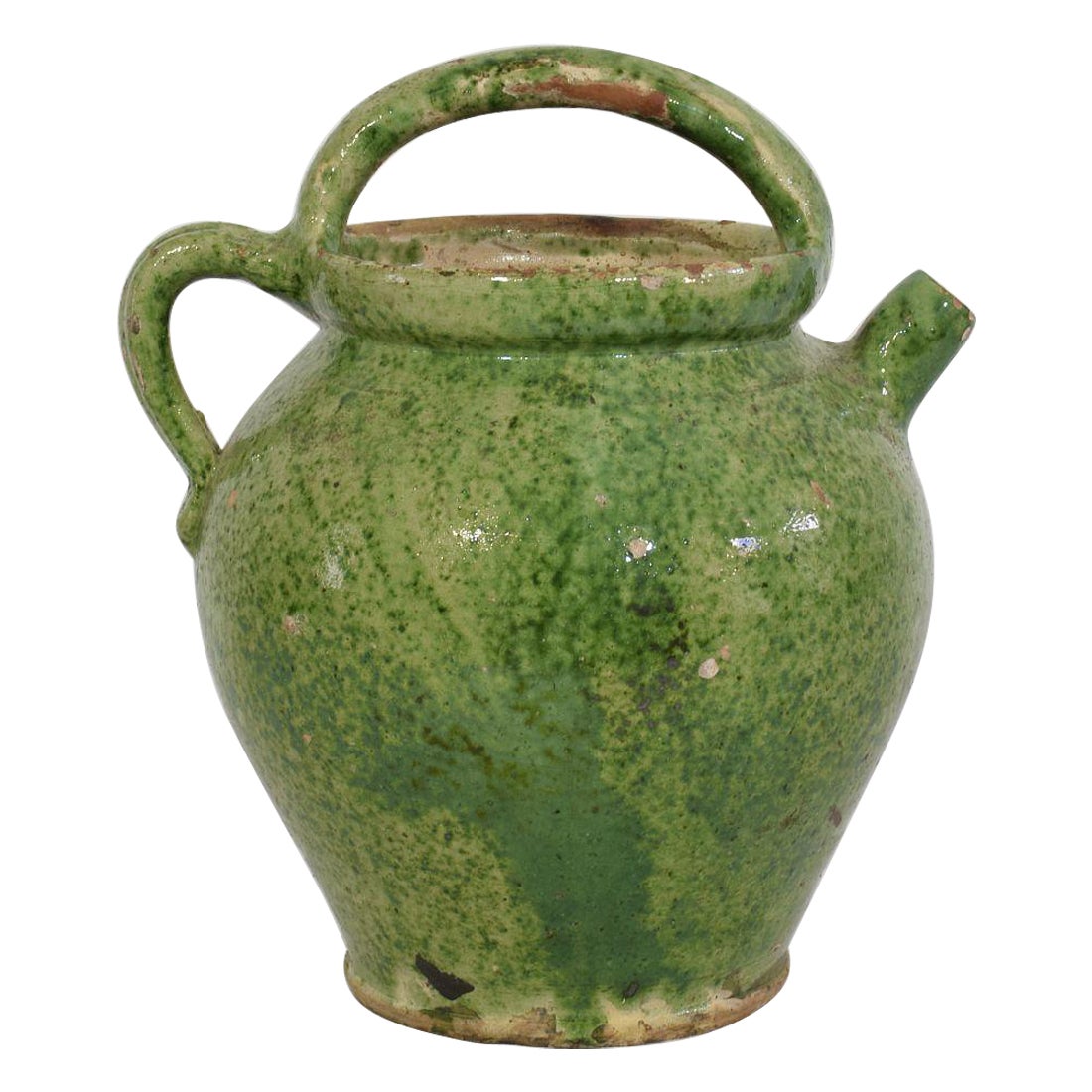 19th Century, French Green/ Yellow Glazed Earthenware Jug or Water Cruche For Sale