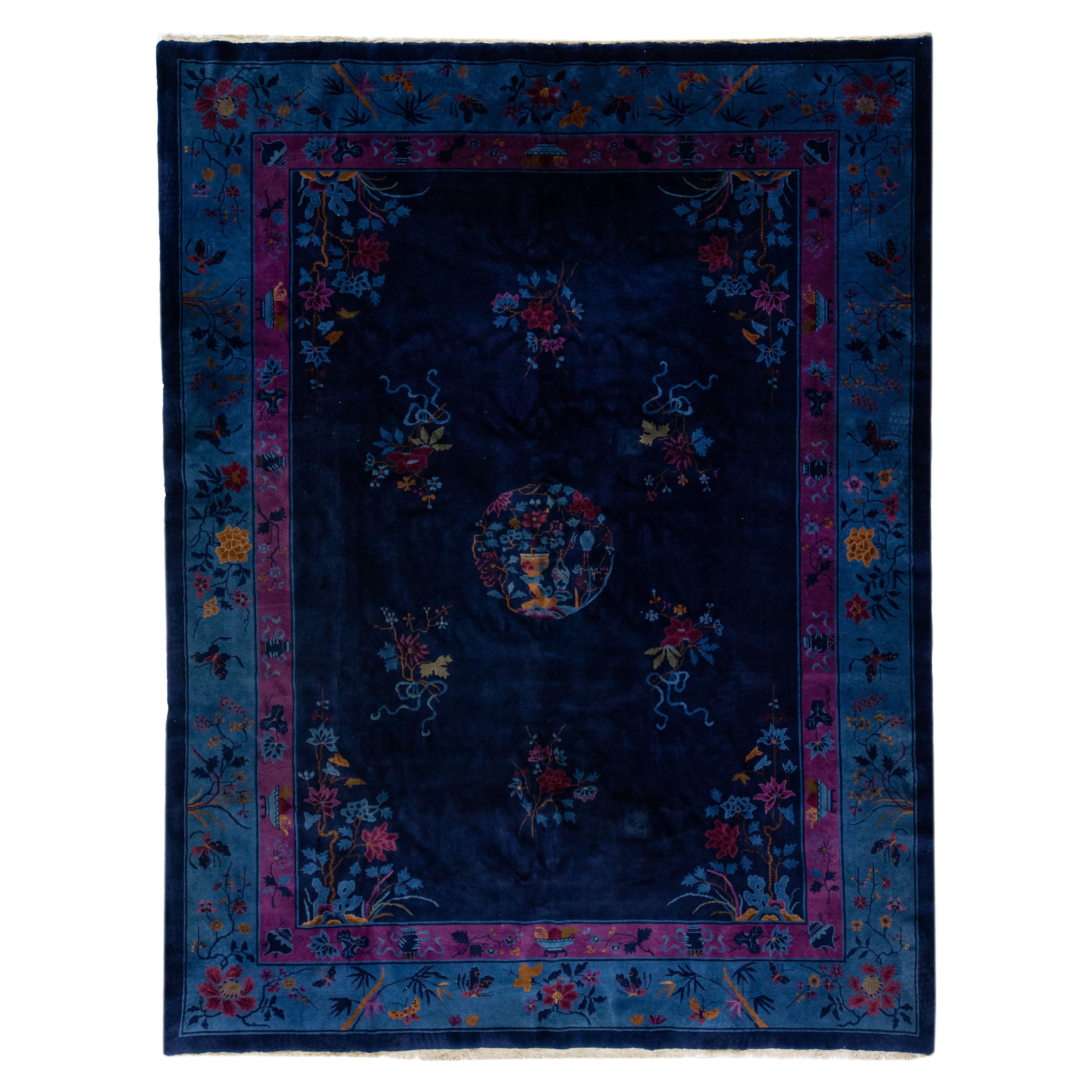 Navy Blue Antique Chinese Art Deco Handmade Wool Rug with Floral Design For Sale