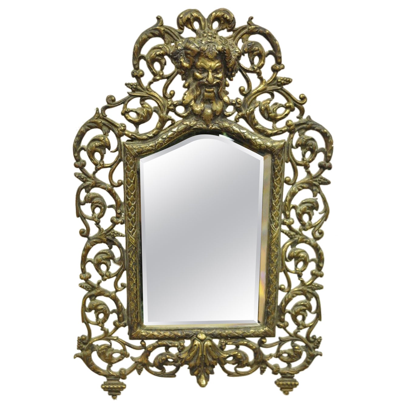 Vintage French Brass Small Beveled Glass Vanity Shaving Mirror with Bacchus Face For Sale