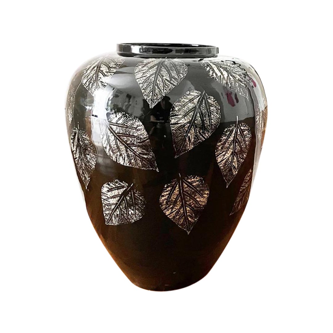 Vase en bambou laqué noir avec décorations dorées, design en vente