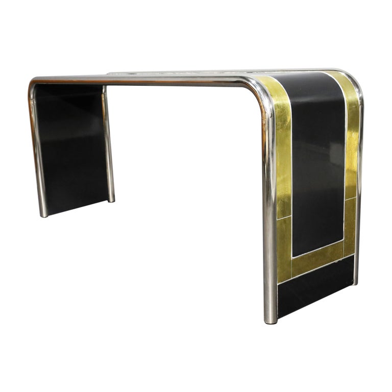 Bernhard Rohne for Mastercraft Lacquer, Brass and Chrome Console Table ...