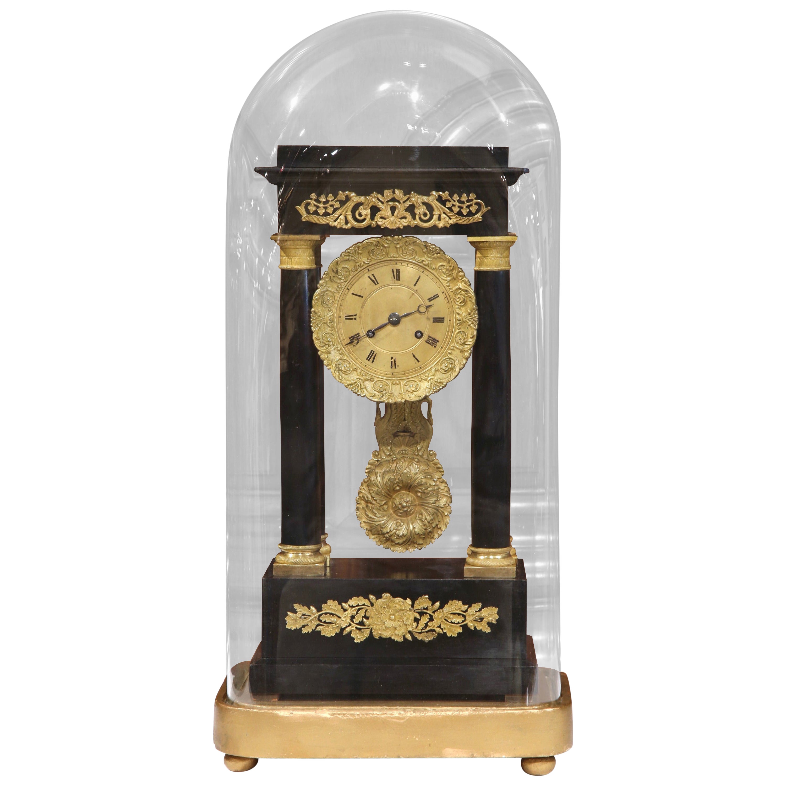 19th Century French Empire Portico Mantel Clock in Original Glass Dome For Sale