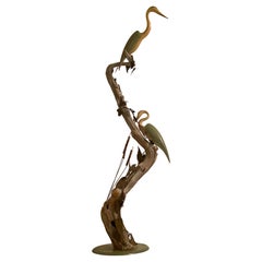 Tall Driftwood Freestanding Sculpture with Metal Leaves and Carved Wood Birds