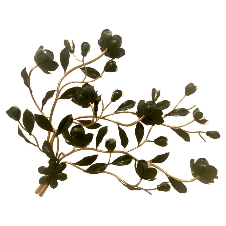 Large Italian MidCentury Brass Wall Art Illuminating Floral Sconce For